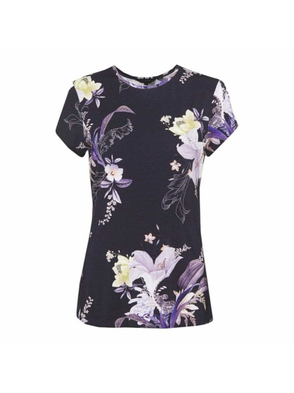 Ted Baker Decadence Printed Tee Size 2 = 4/6 Dancie Floral Knit Navy Purple Top
